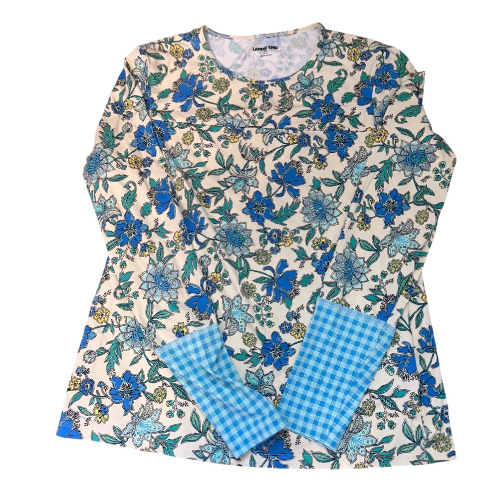 Lands End Womens Floral Gingham Rash Guard Swim Shirt Blue Cream M 10-12